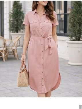Utility Shirt Midi Dress in Blush Pink with Self-Tie Waist